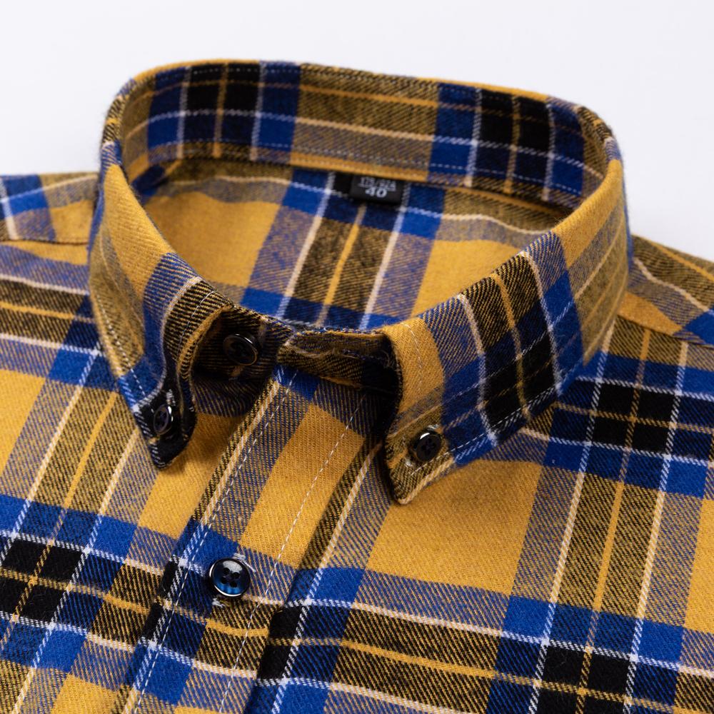 Men's Fashion Brushed Flannel Plaid Striped Shirts Single Patch Pocket Comfortable 100% Cotton Long Sleeve Standard-fit Shirt