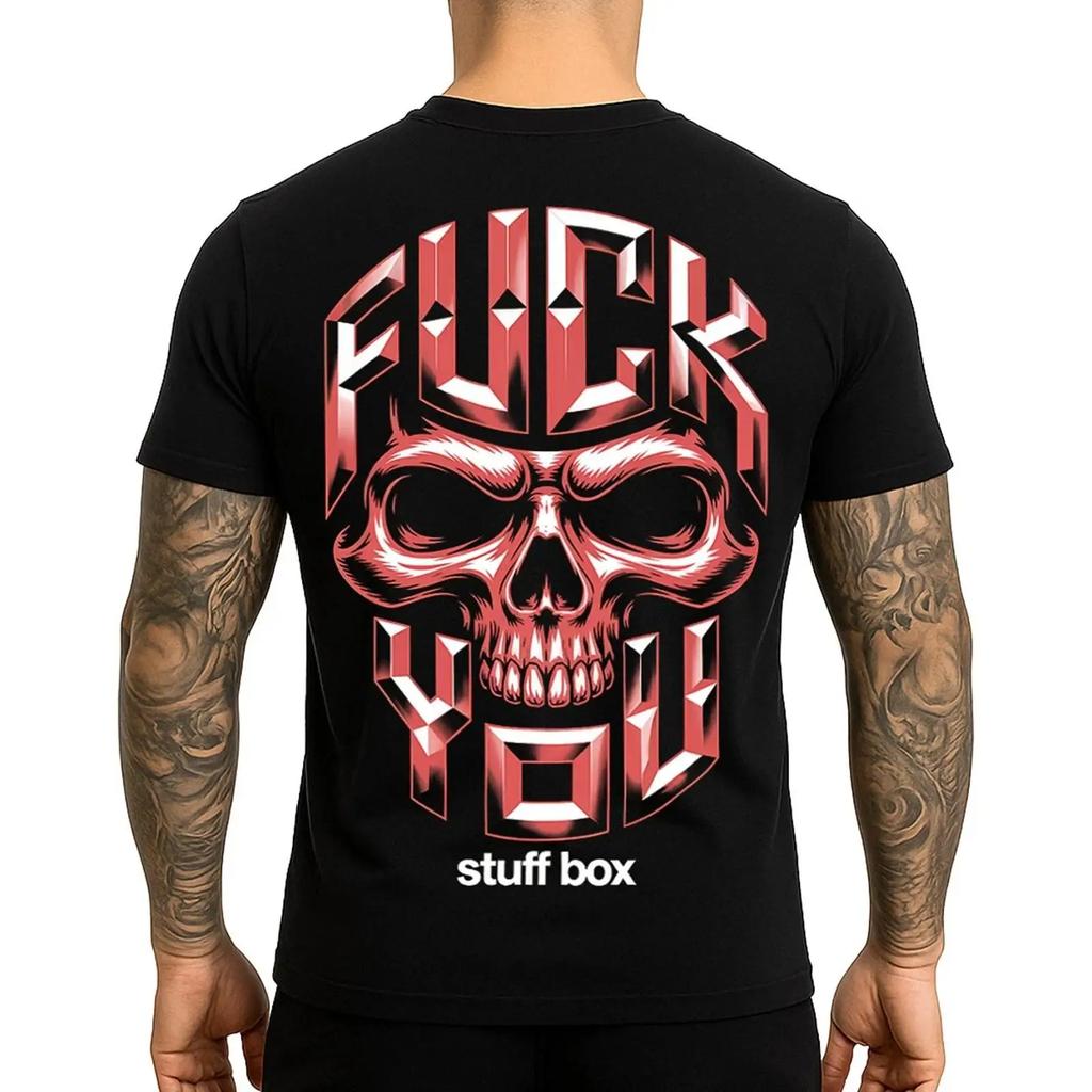 Stuff Box Mens Shirt Fu Skull Impact Black F Y T S 5xl Vintage Washed Homme Stylish Top For Everyday Wear Stretched Versatile