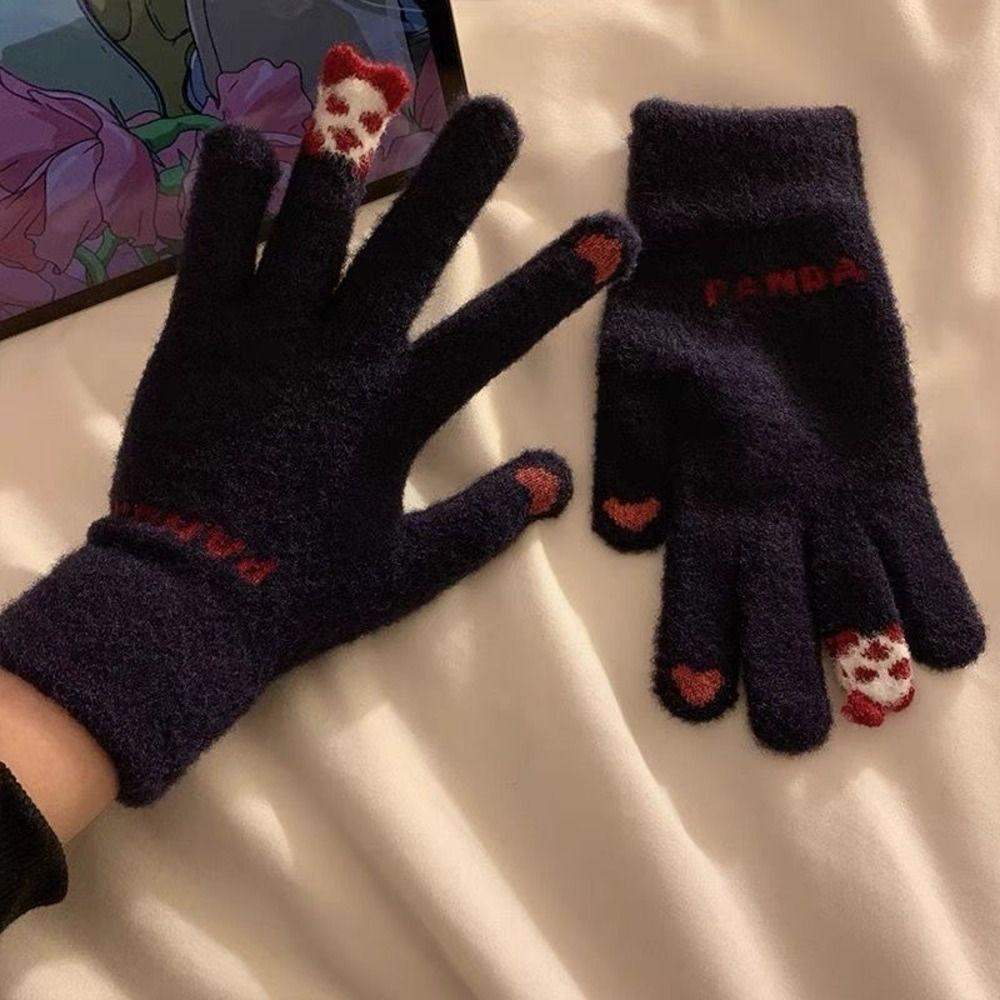 Knit Fabric Crystal Fleece Knitted Gloves One Size Thick Warm Gloves  For Students