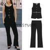 Sleeveless Round Neck Button Pocket Decoration Belt Vest 8372363 High Waist Slim Fit Flared Trousers 8372263
