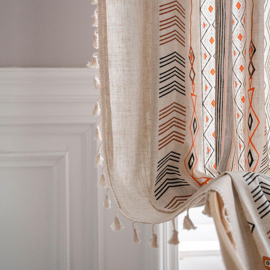 Bohemian Curtain with Tassels Single Panel Easy Hanging with A Rod Pocket & Loop for Farmhouse, Office & Living Rooms 1 Panel