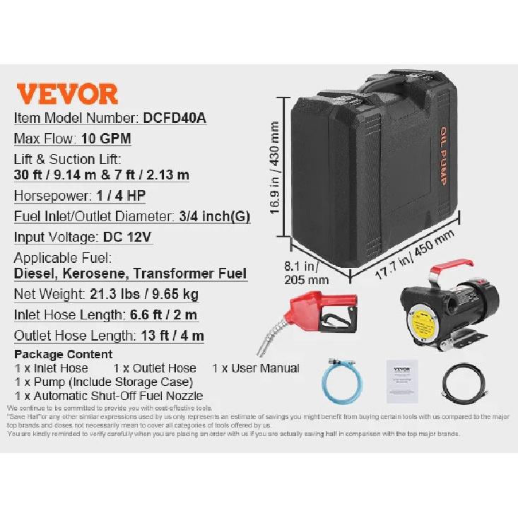 SucceBuy Fuel Transfer Pump 12V DC 10 GPM 1/4 HP Portable Electric Diesel Transfer Pump with Automatic Shut-Off Fuel Nozzle Box