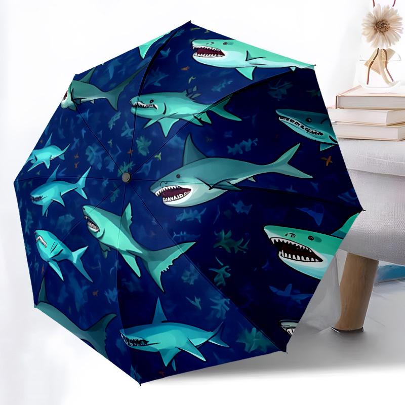 1pc Shark Swarm Automatic Opening/Closing Folding Umbrella with 8 Ribs, Plastic Handle, Windproof Portable Sunshade Umbrella yy251222197