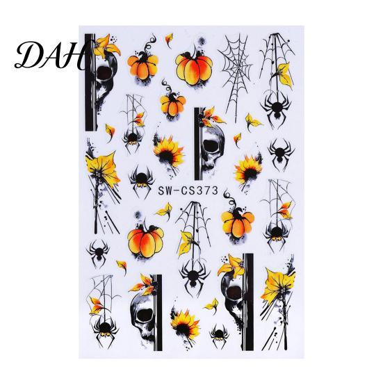 DIY Nail Supplies Women Stickers for Autumn Halloween, Pumpkin Spider Web Skull Flame Easy Application Manicure Decal, Art Holiday Party Decoration