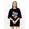 Oversized T Shirt Black Colorful Cartoon Characters And Letters Print Casual Streetwear For Women