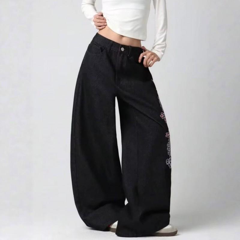 Womens High-Waisted Wide-Leg Denim Pants With Embroidery Streetwear Vintage Loose Fit Straight Cut Jeans 2026 Fall