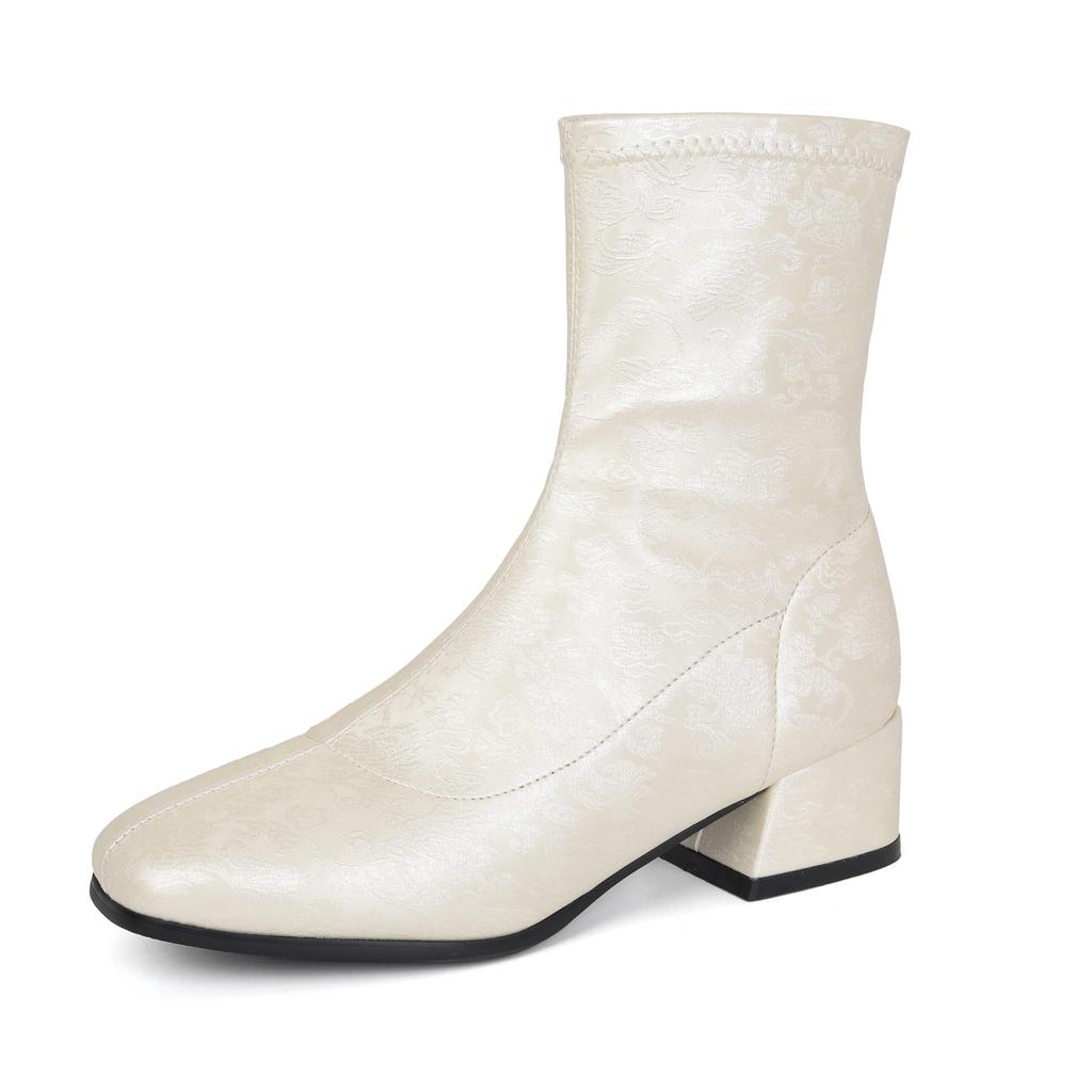 lenkisen PU Autumn Winter Shoes Thick Med Heels Printing Oriental Design Chelsea Boots Keep Warm Fashion Ankle Boots