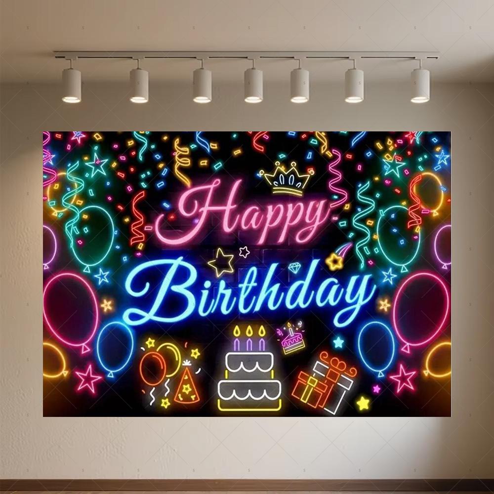Glitter Happy Birthday Background Banner Glow Neon Dance Carnival Party Decorations Colourful Backdrop Supplies Photography Prop