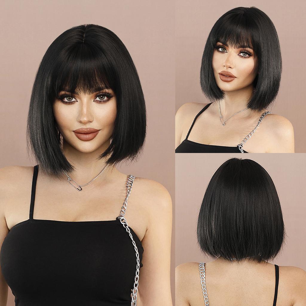 Professional WIGS Synthetic Short Straight Ash Brown Bob Wig for Women High Density Layered Highlight Blonde Hair Wigs with Neat Bangs