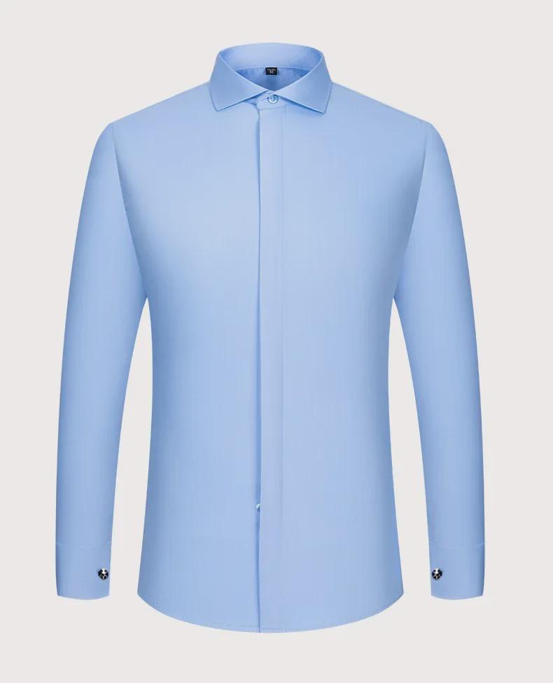 Мужская официальная белая рубашка с длинным рукавом, воротником-стойкой и французскими манжетами из бамбукового волокна