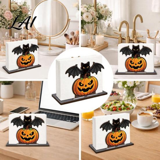 Wooden Tissue Dispenser Halloween Napkin Holder for Table Pumpkin Black Cat Bat Kitchen Accessories Standing Dispenser Paper Towel Stand Holiday