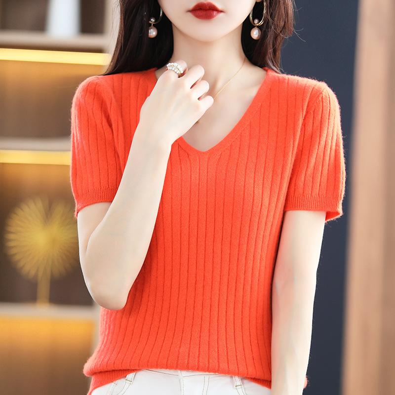 Women Sweater Short Sleeve V-neck Stripe Knitwears Slim Fit Shirt Korean Fashion Pullovers Thin Knit Tops Bottoming Shirts