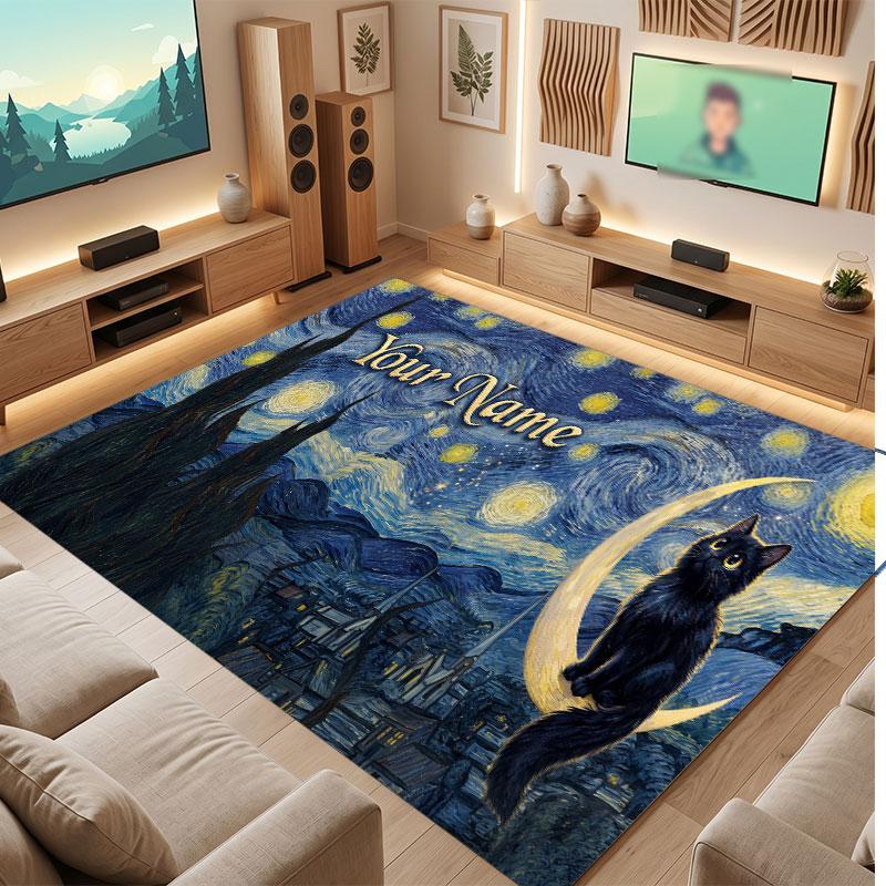 Cat Theme Crystal Velvet Floor Rug Personalized Custom Name Text Warm Carpet Home Decoration