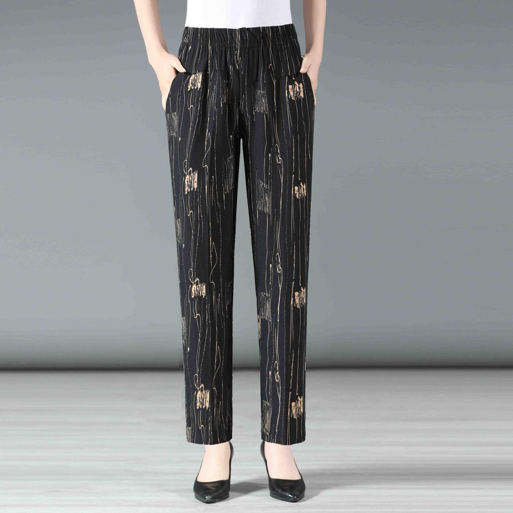 Summer Middle-aged and Elderly Women's Cropped Pants High Waist Elastic Oversized Pants Middle-aged Women's Floral Pants