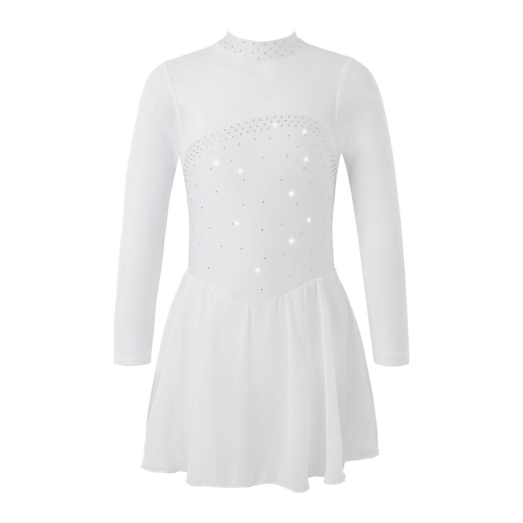 Children Girls Shiny Rhinestones Mesh Keyhole Back Figure Ice Skating Dress Long Sleeves Roller Skating Ballet Dance Leotard Dress
