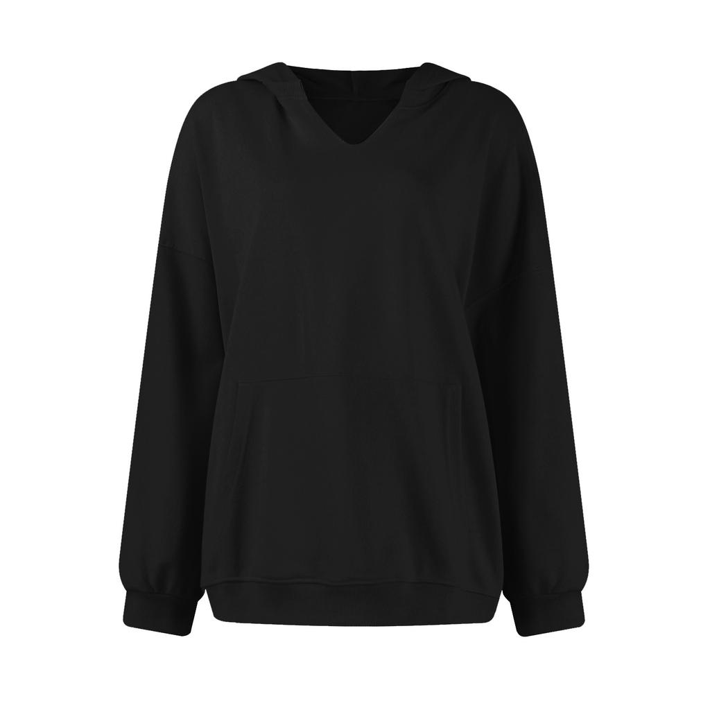 Женская повседневная однотонная толстовка с V-образным вырезом, длинными рукавами, капюшоном и карманом, пуловер