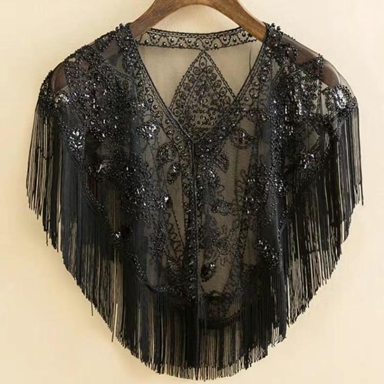 Women 1920s Sequined Shawl with Tassels Beaded Pearl Fringe Sheer Mesh Wraps Gatsby Flapper Bolero Cape Cover Up