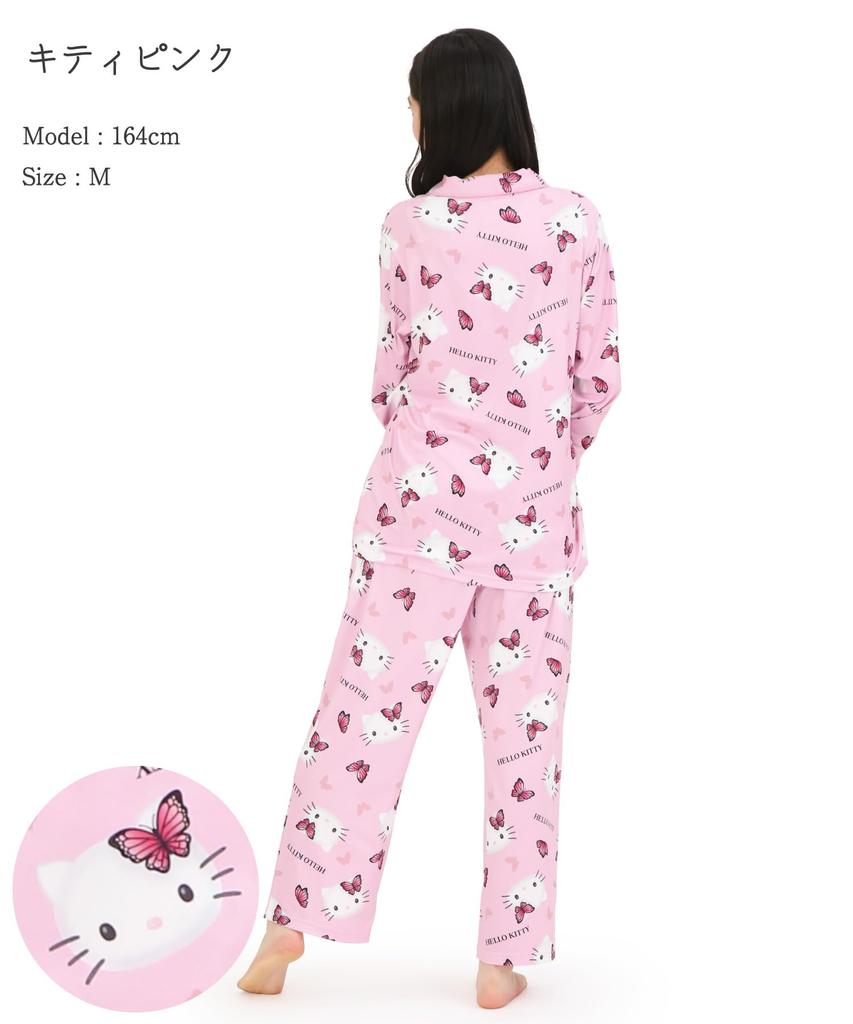 Hello Kitty Shirt Pajamas Powder Stretch Long Sleeve Long Pants Top and Bottom Set Room Wear Loungewear [SAZAC] Women's (Pink/M/SAN1906)
