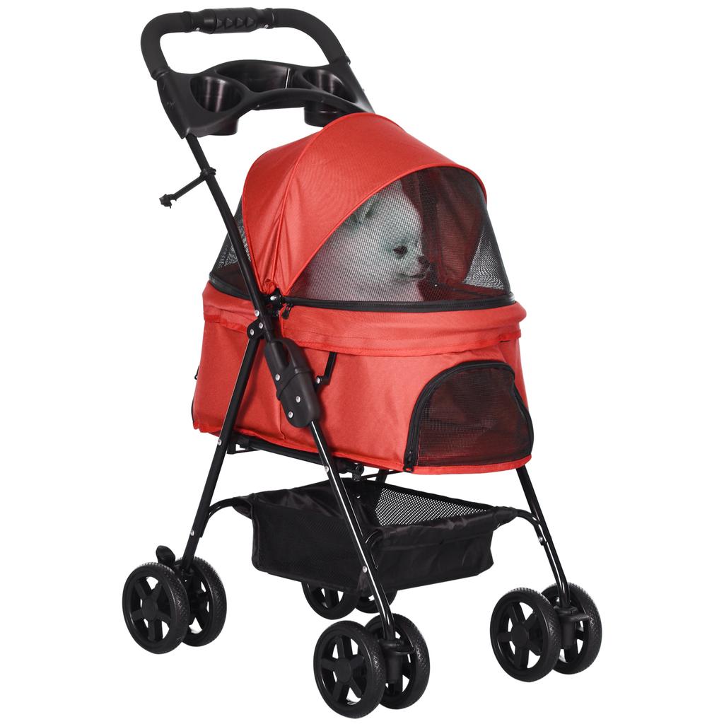 Dog Buggy, Foldable, Mesh Window, Removable Roof, Cup Holder, Bottom Basket, Metal Frame, Red, 67 x 45 x 96 cm