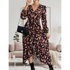 Spring & Fall New Fashion Style Fashion V Neck Print Waist-Controlled Lace-up Asymmetrical Ruffles Long Sleeves Dress Long Dress