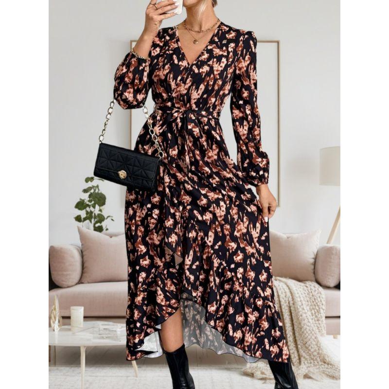 Spring & Fall New Fashion Style Fashion V Neck Print Waist-Controlled Lace-up Asymmetrical Ruffles Long Sleeves Dress Long Dress