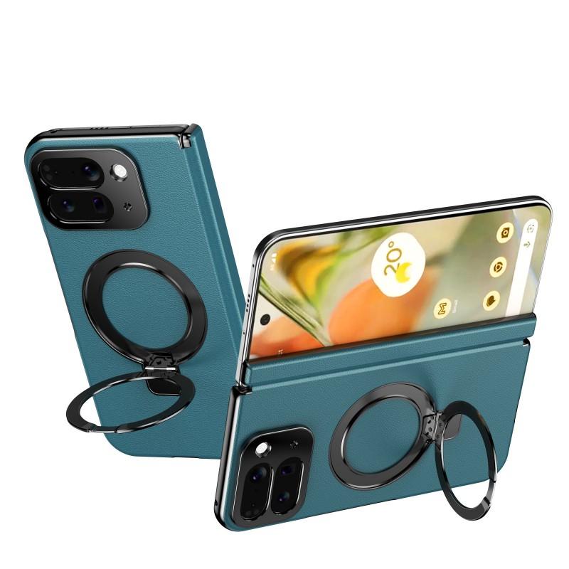 Magnetic Ring Stand Case Google Pixel 10 9 Pro Fold Full Coverage PC Vegan Leather Shell With Built-in Kickstand