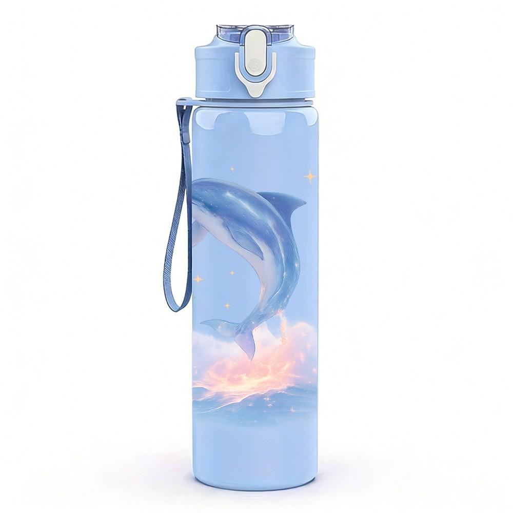 1PC Jumping Dolphin Cartoon 750ml Color Plastic Sports Water Bottle Leakproof Flip Straw Lid Suitable for Sports Office Home Use