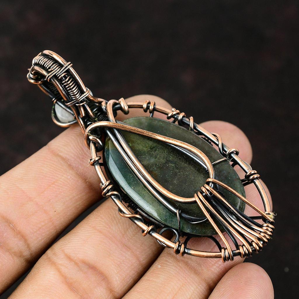Подвеска из драгоценного камня сглаза, медная обертка, подвеска ручной работы, кулон с радужным лунным камнем, ювелирные изделия от сглаза, подарок для нее, медные украшения
