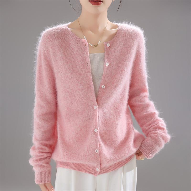 New Brushed Crew Neck Cardigan Solid Color Knitted Wool Sweater Women'S Brushed Jacket Loose Versatile Knitted Sweater