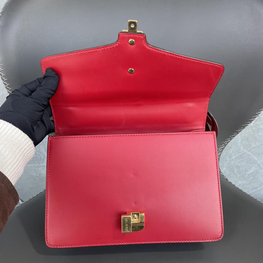 [Pre-Owned] Sylvie Gold Buckle Striped Web Ribbon Bow Wide Shoulder Strap Leather Shoulder Crossbody Handbag Small - Very Good #Z20RZ2