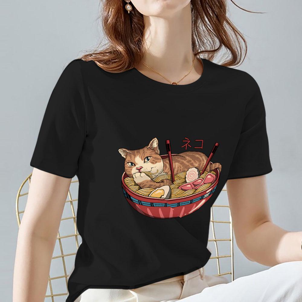 Женская одежда, футболка, топы, модная повседневная футболка с рисунком японского оранжевого кота и принтом, тонкая черная футболка с круглым вырезом