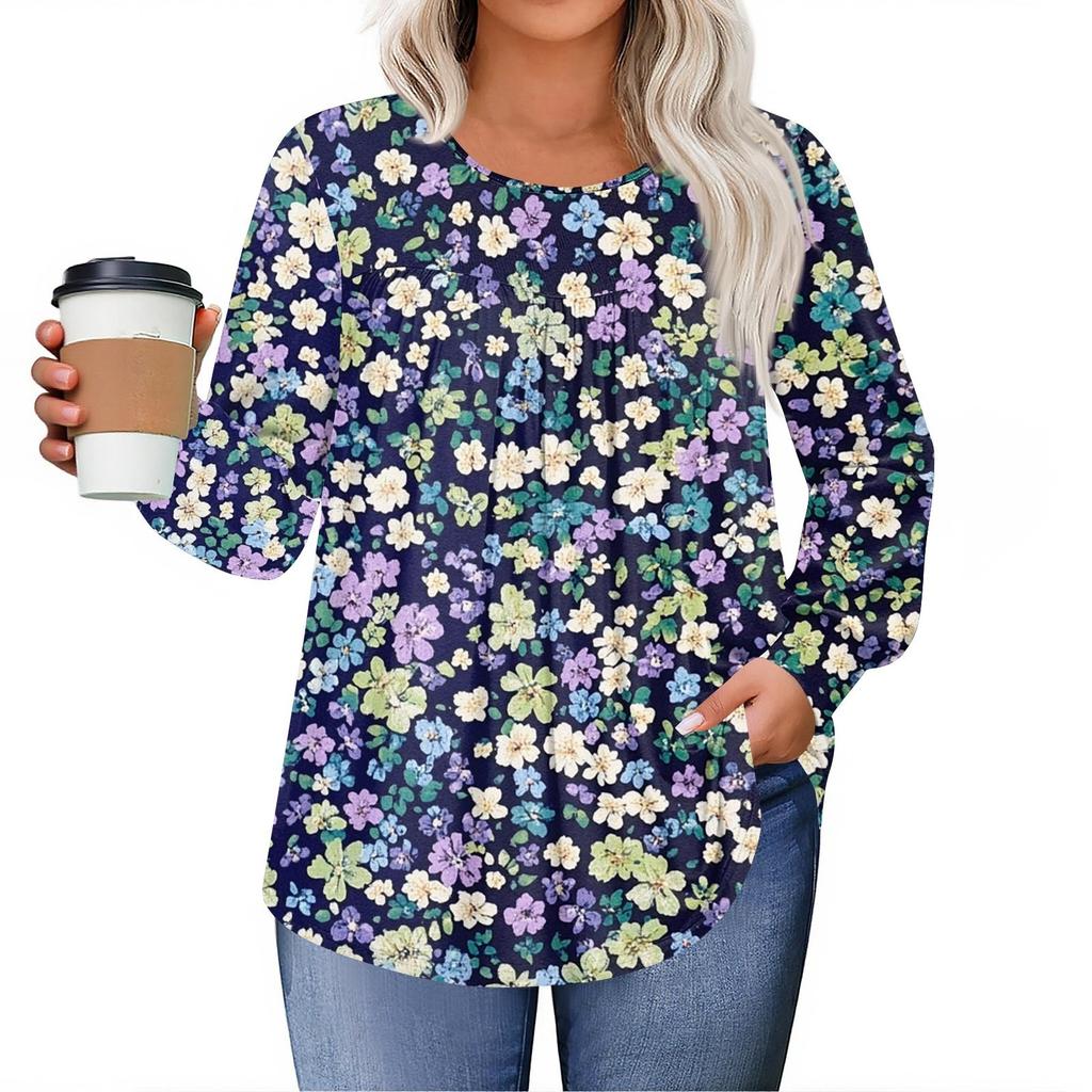 Womens Plus Size Tops Long Sleeve Shirts Round Neck Flowy Tunic Casual Loose Blouse L-5X