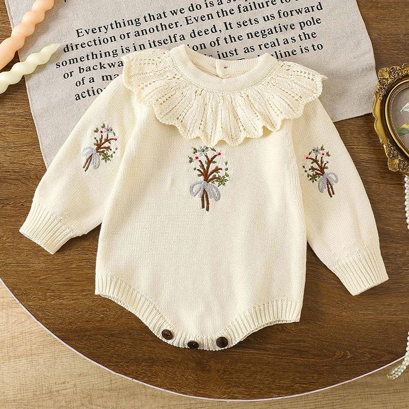 Newborn Spring and Autumn Baby Knitted Lotus Leaf Collar Long Sleeve Ha Clothes Female Baby Embroidered Bag Butt Clothes Jumpsuit Crawler Clothes