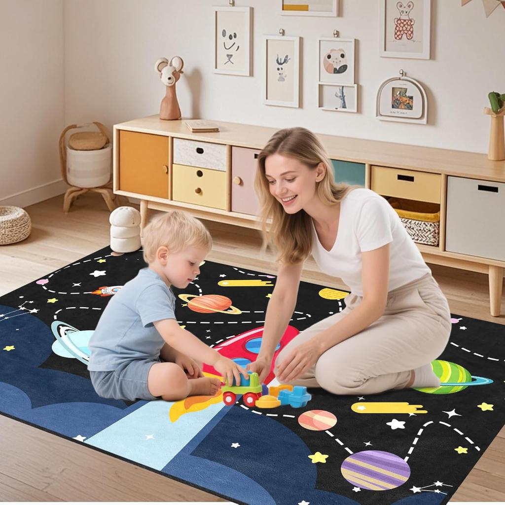 Space Rug - Space Rug for Boys Room Cartoon Solar System Carpet Educational Learning Carpet for Playroom Planet Themed Mat