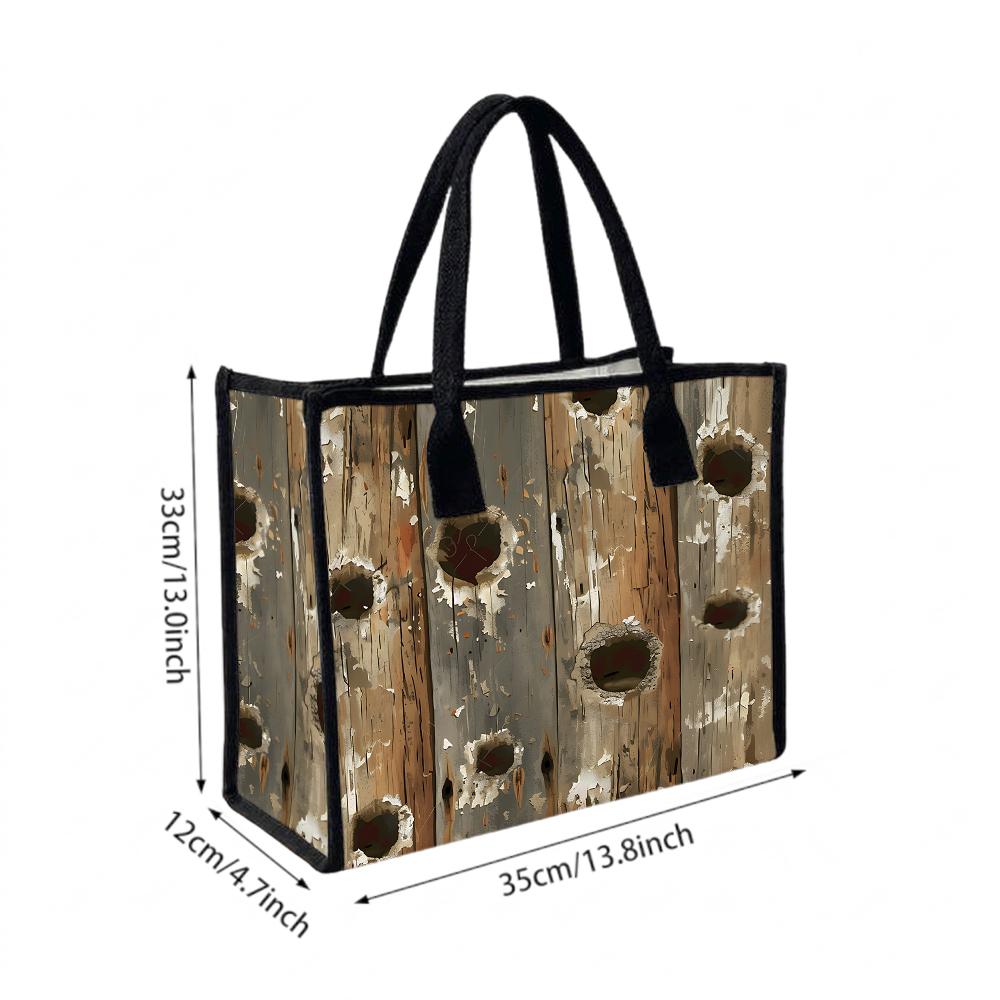 Vintage Wood Print Tote Bag Casual Large Capacity Handbag for Daily Use
