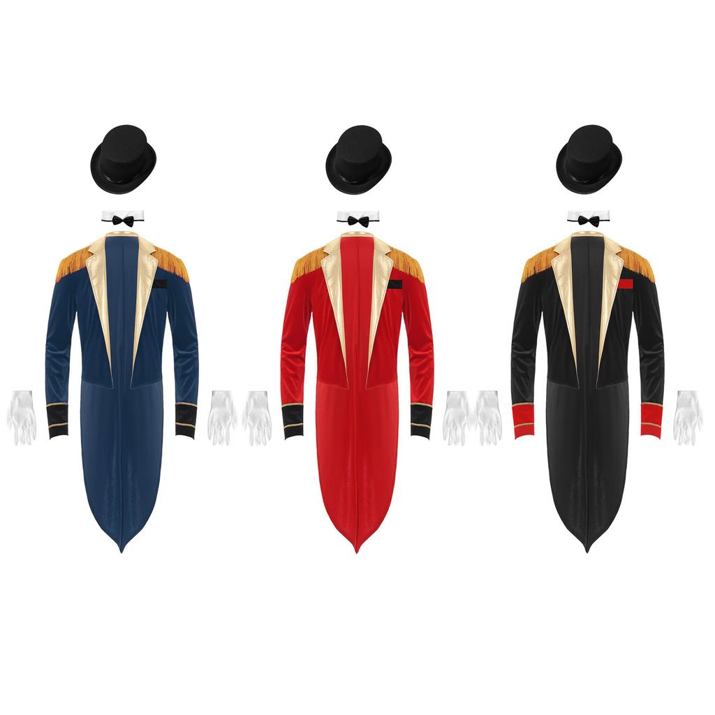 Мужской костюм циркового конферансье, комплект, сюртук с лацканами и бахромой на плечах, длинный рукав, шляпа, воротник, перчатки, карнавальный косплей