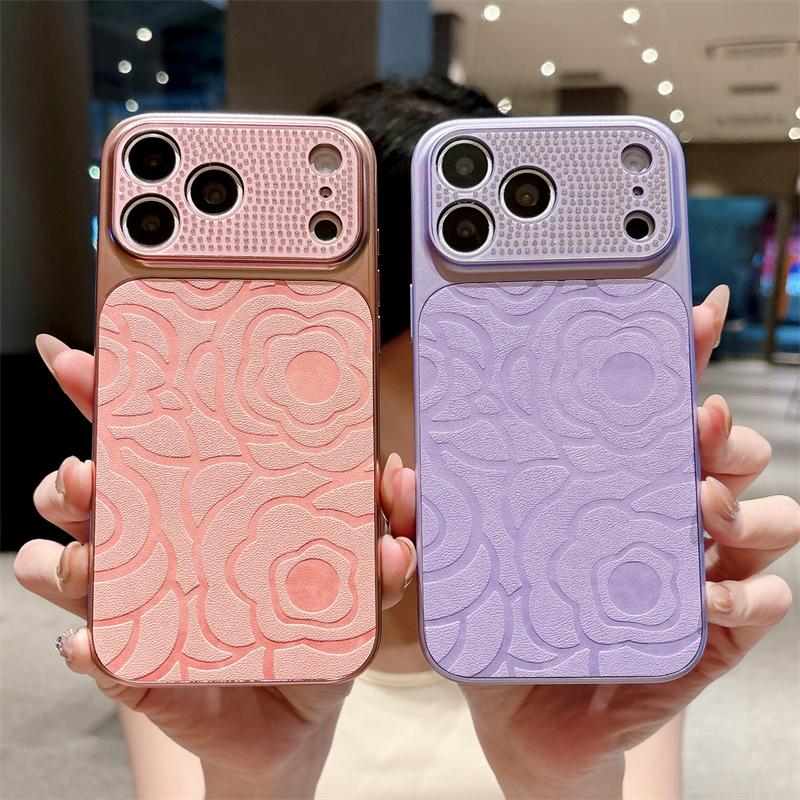 Diamond Camera Lens Printing Flower TPU Leather Phone Case For iPhone 17 16 15 14 13 Pro Max Shockproof Proteciton Cover