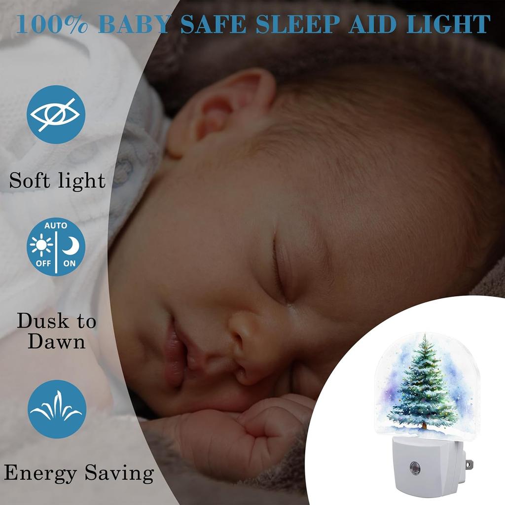 Watercolor Christmas Tree Night Light for Kids, LED Night Light Plug into Wall with Dusk to Dawn Sensor for Girls Boys Women Men Room Decor, Hallway,