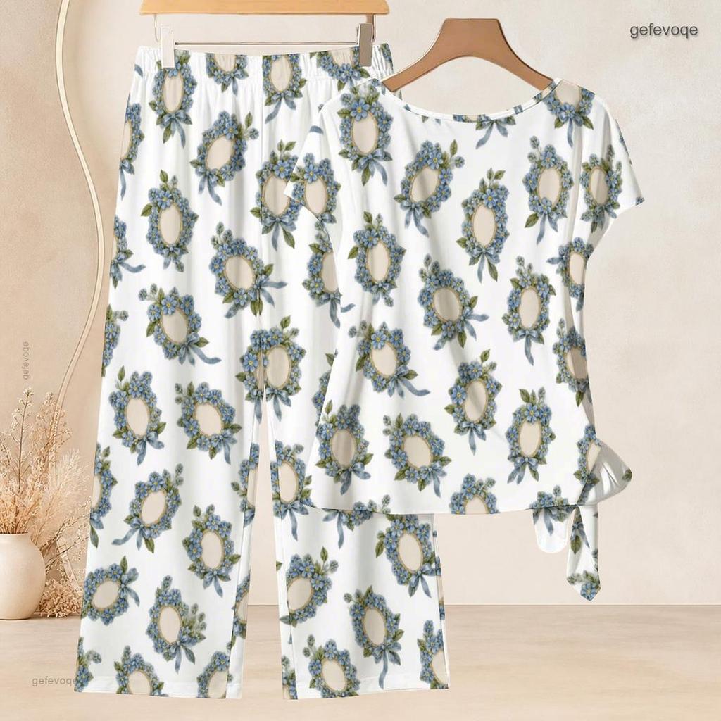 Women Plus Size Round Neck Short Sleeve Floral Printed Knot Hem Top Long Pants Two Piece Set