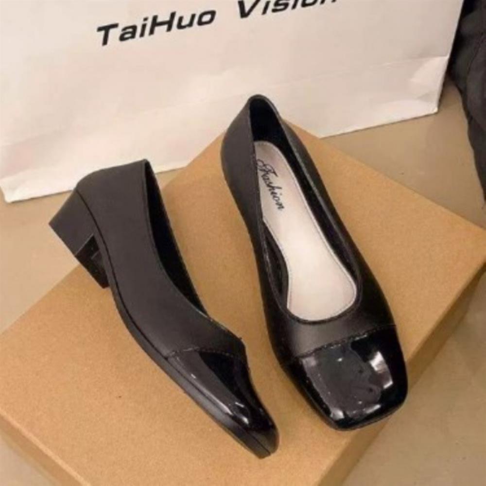 New Arrivals Open Run Women Enamel Glossy Square Toe Low Heel Flat Shoes