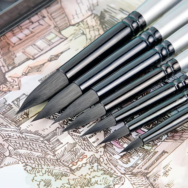 7-Piece Black Swan Gouache Paintbrush Set - Round, Liner, & Nylon Brushes for Watercolor & Digital Oil Painting.