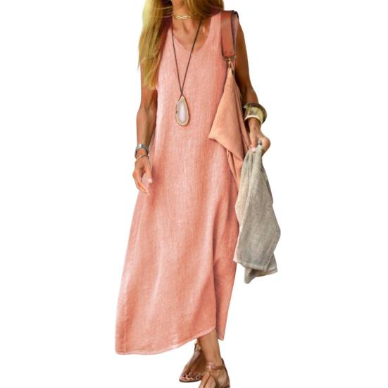 Летнее женское платье с V-образным вырезом без рукавов, свободный жилет до щиколотки, чистый цвет, пуловер трапециевидной формы, пляжное платье макси для отдыха