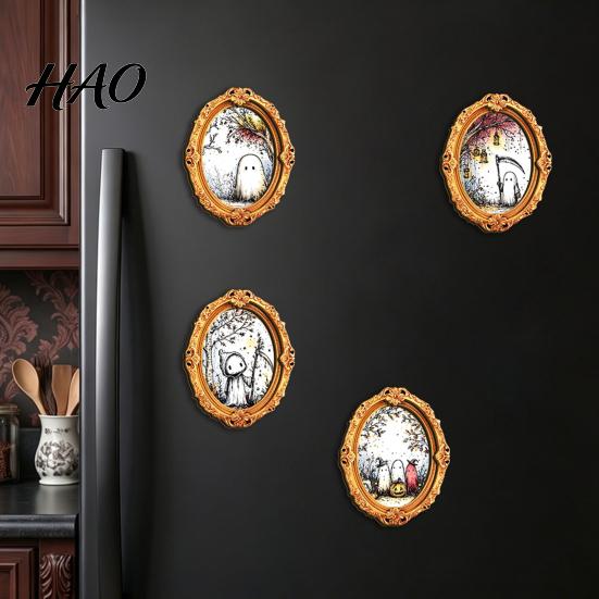Holiday Fridge Magnet Halloween Wooden Frame Refrigerator Magnet, Retro Oval Room Decor Pumpkin Ghost Magnetic Decoration for Kitchen Party Favors