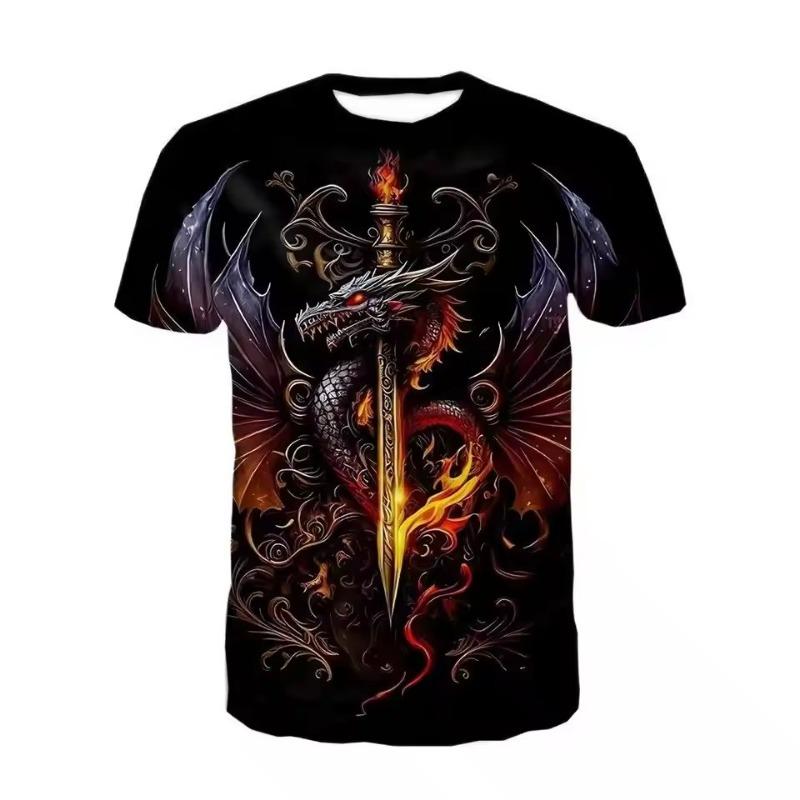 Мужская футболка из хлопковой смеси с принтом дракона - стильный круглый вырез, удобная и дышащая, для летней повседневной носки, горячая распродажа