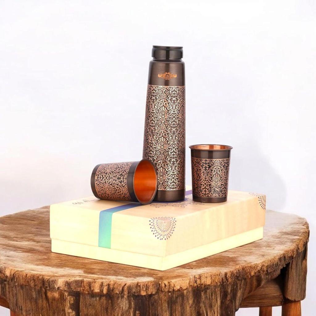 Бутылка из чистой меди с подарочным набором из 2 стеклянных бутылок (Античная Чешущаяся Башня)