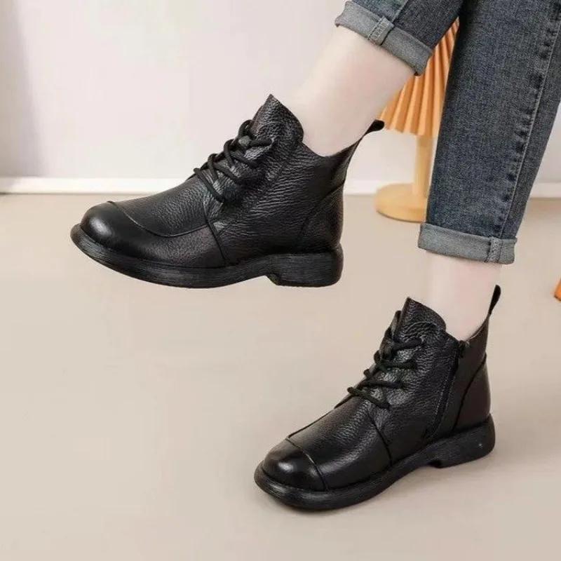 Обувь для женщин 2024 года, горячая распродажа, женские ботинки с боковой молнией, весна-осень, круглый носок, однотонные, короткие, на низком каблуке, на шнуровке, голые ботинки