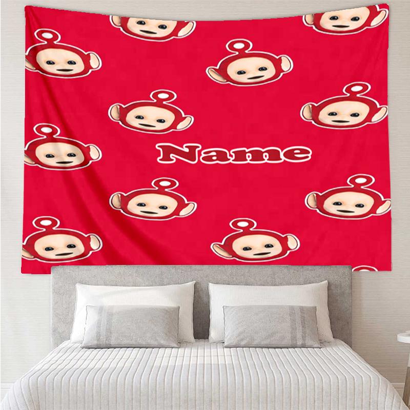 Custom Name Teletubbies Print Tapestry, Backdrop, Easy Setup, Ideal for Bedroom, Office & Living Room, with Aesthetic Wall Hanging Decor.