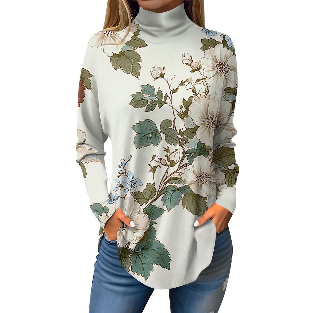 Women's Fashionable Casual High Neck Printed Long Sleeve T-Shirt Pullover Top