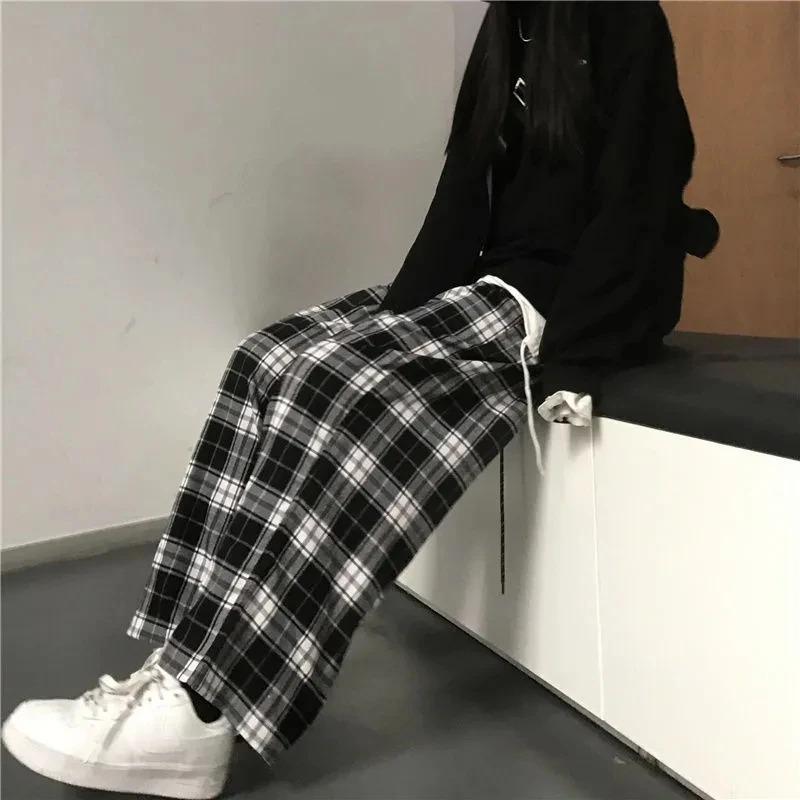 Black and White Plaid Pants Oversize New Women Casual Loose Wide Leg Trousers Ins Retro Teen Straight Trousers Hiphop Streetwear