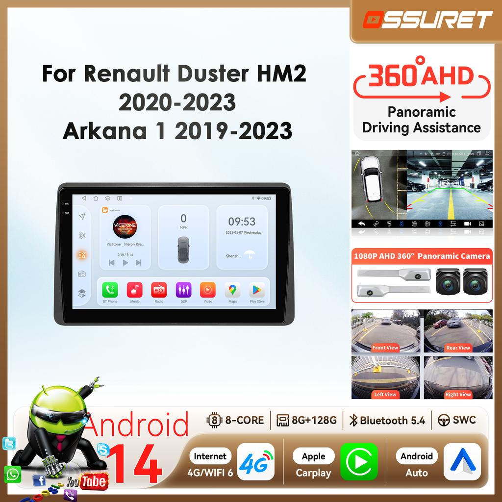 OSSURET Автомагнитола Qualcomm 8-ядерная с камерой 360 для Renault Duster HM 2 2020-2023 Arkana 1 2019-2023 Мультимедийный плеер Интеллектуальный Carplay Android Auto